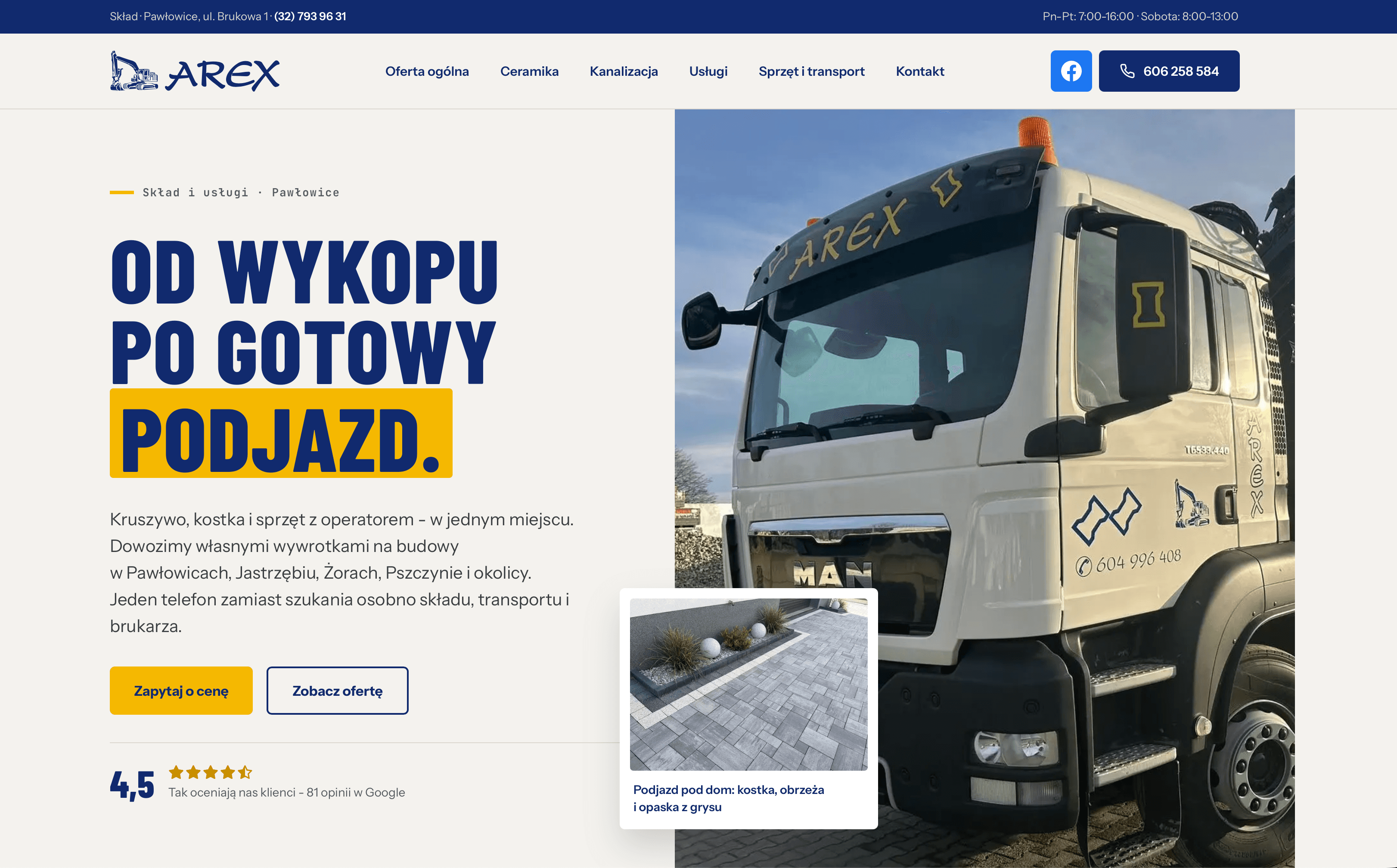 Strona internetowa składu kruszyw i kostki brukowej PHU Arex